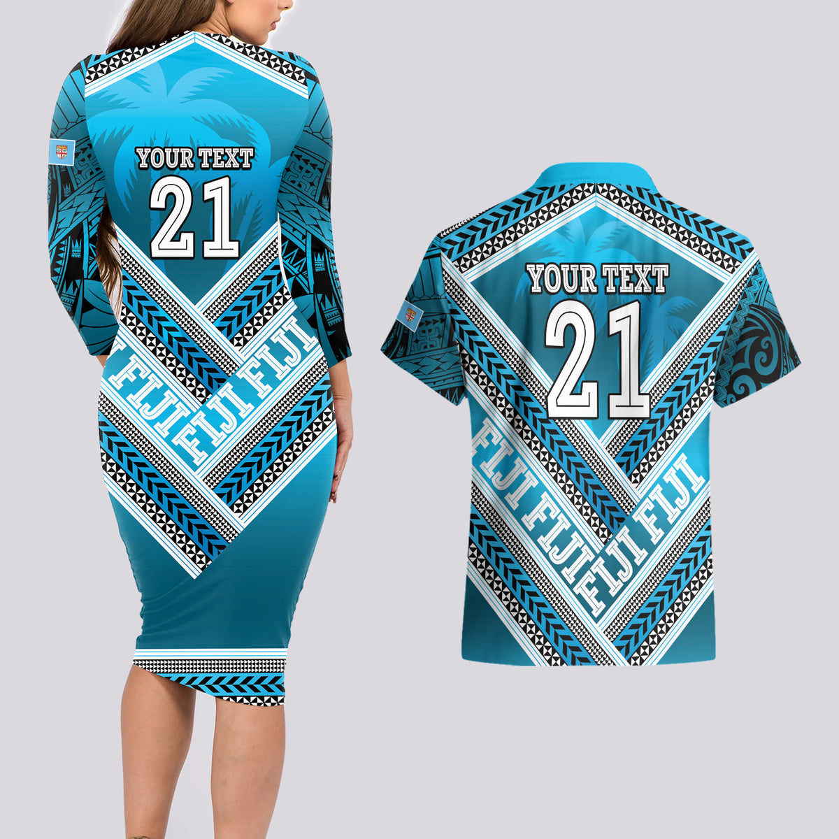 Custom Fiji Rugby Couples Matching Long Sleeve Bodycon Dress and Hawaiian Shirt Fijian Warrior With Polynesian Tribal Tattoos LT9 - Polynesian Pride