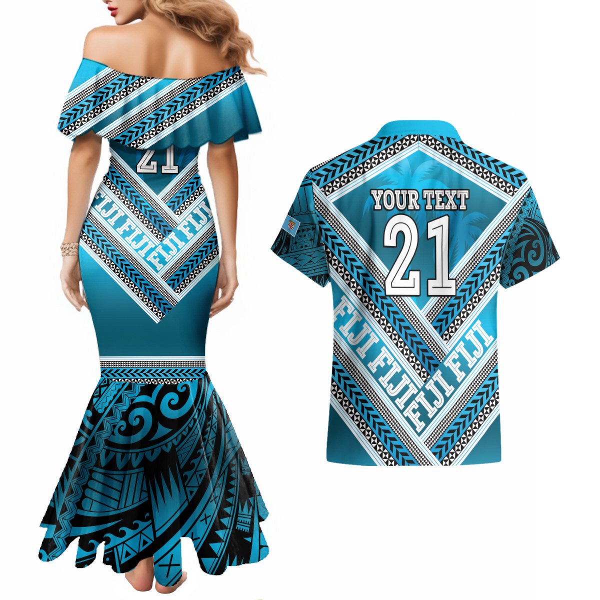 Custom Fiji Rugby Couples Matching Mermaid Dress and Hawaiian Shirt Fijian Warrior With Polynesian Tribal Tattoos LT9 - Polynesian Pride