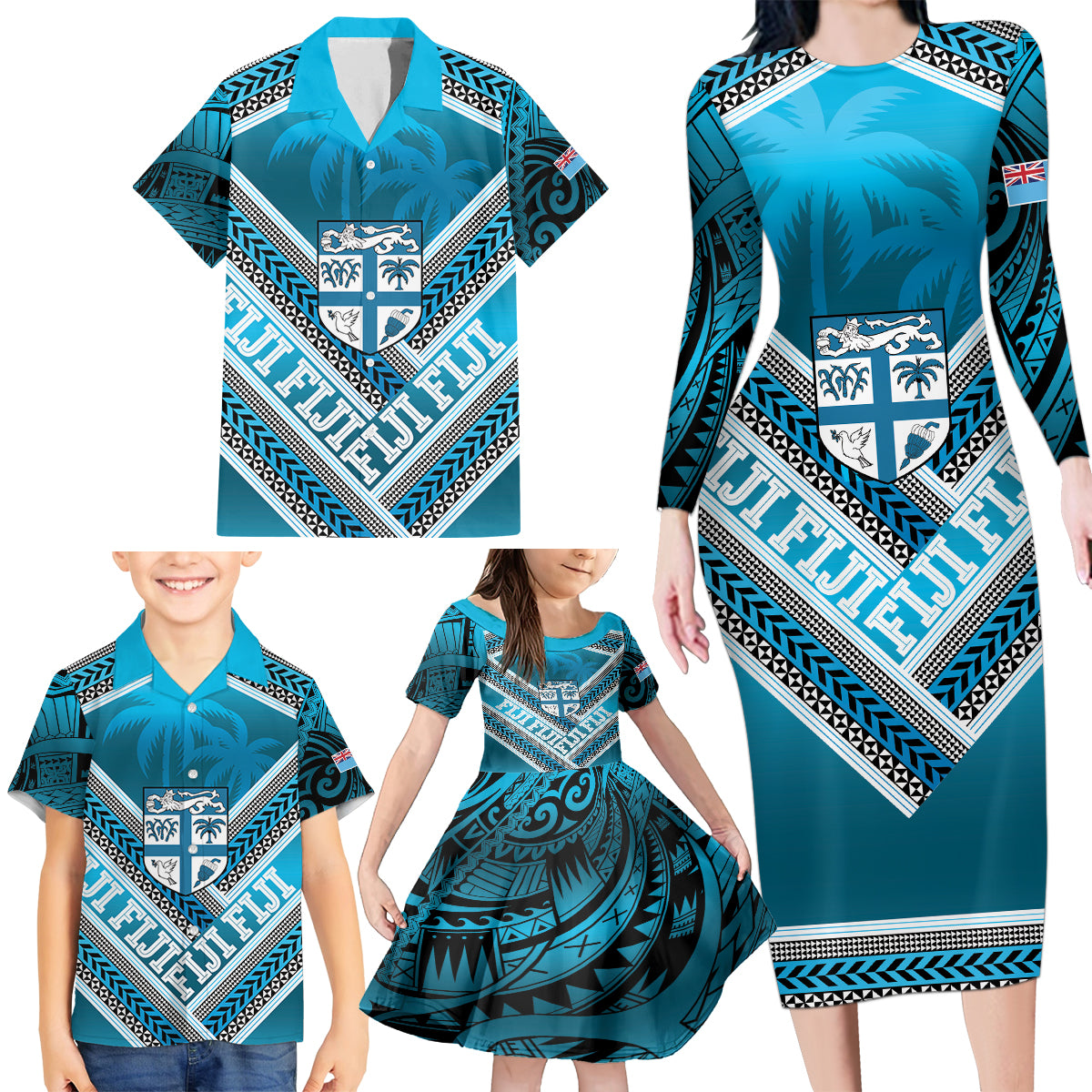 Custom Fiji Rugby Family Matching Long Sleeve Bodycon Dress and Hawaiian Shirt Fijian Warrior With Polynesian Tribal Tattoos LT9 - Polynesian Pride