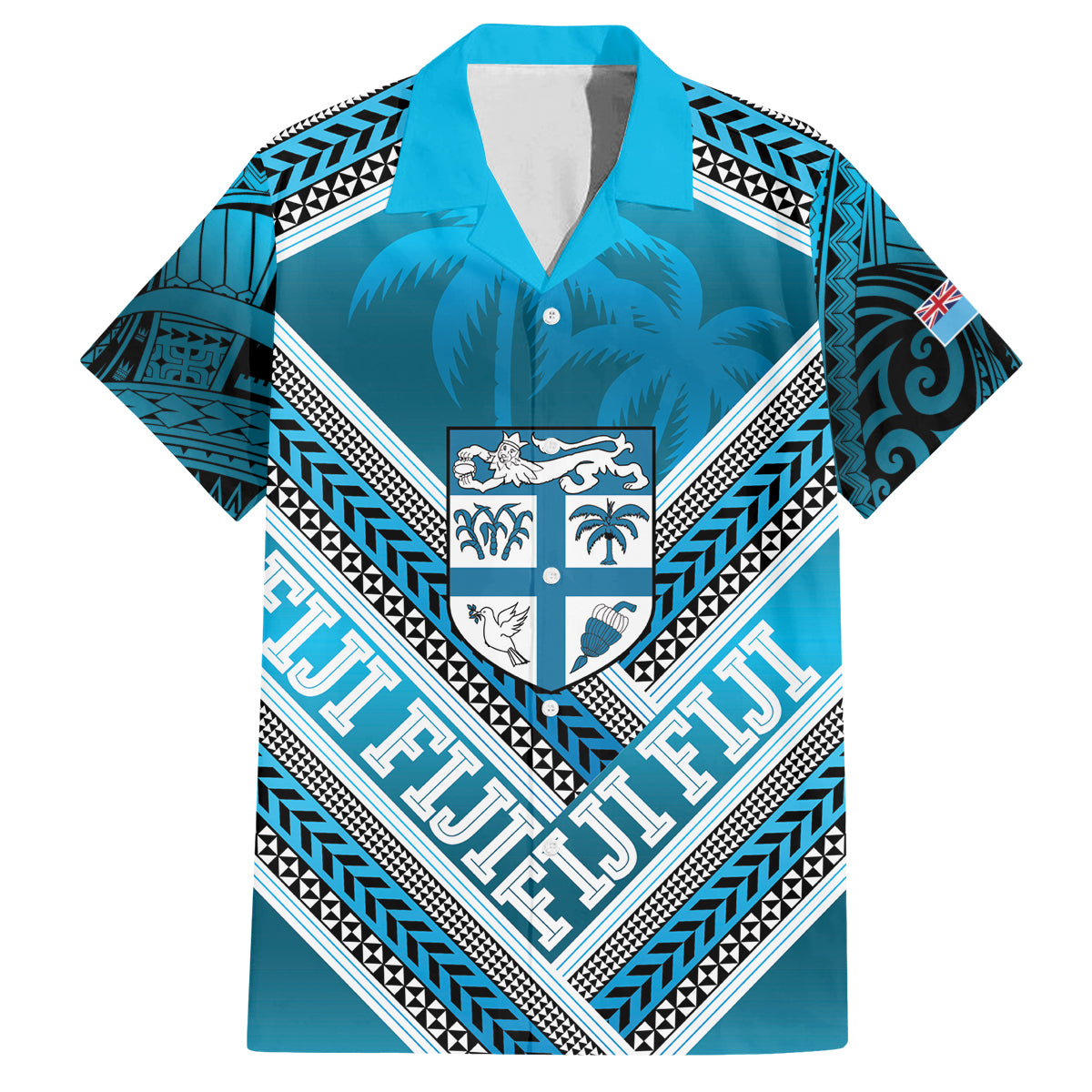 Custom Fiji Rugby Family Matching Long Sleeve Bodycon Dress and Hawaiian Shirt Fijian Warrior With Polynesian Tribal Tattoos LT9 Dad's Shirt - Short Sleeve Blue - Polynesian Pride