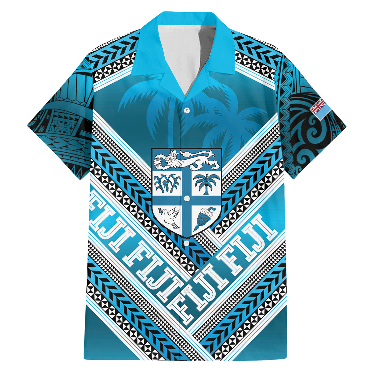 Custom Fiji Rugby Family Matching Mermaid Dress and Hawaiian Shirt Fijian Warrior With Polynesian Tribal Tattoos LT9 Dad's Shirt - Short Sleeve Blue - Polynesian Pride