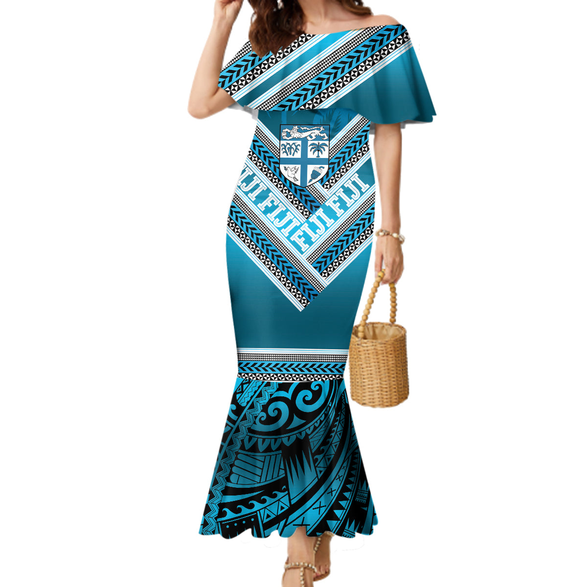 Custom Fiji Rugby Family Matching Mermaid Dress and Hawaiian Shirt Fijian Warrior With Polynesian Tribal Tattoos LT9 Mom's Dress Blue - Polynesian Pride