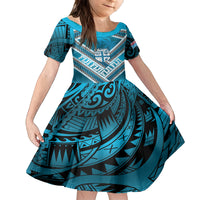 Custom Fiji Rugby Family Matching Off Shoulder Maxi Dress and Hawaiian Shirt Fijian Warrior With Polynesian Tribal Tattoos LT9 Daughter's Dress Blue - Polynesian Pride