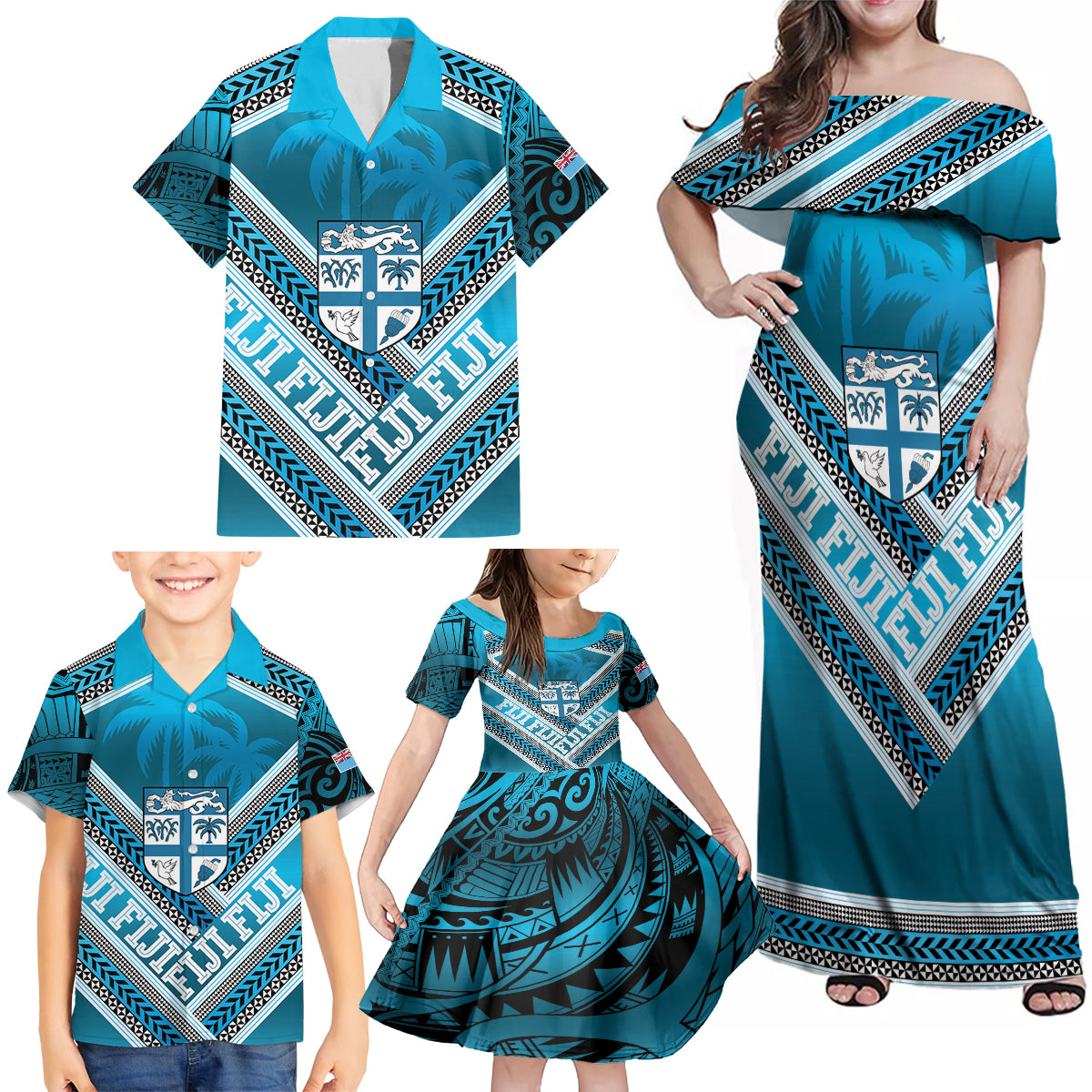 Custom Fiji Rugby Family Matching Off Shoulder Maxi Dress and Hawaiian Shirt Fijian Warrior With Polynesian Tribal Tattoos LT9 - Polynesian Pride