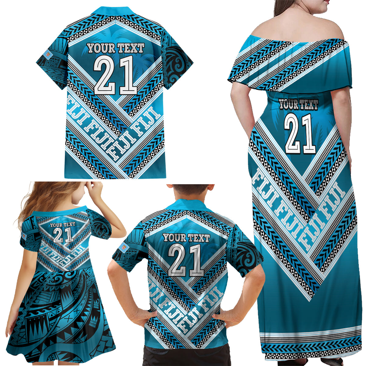 Custom Fiji Rugby Family Matching Off Shoulder Maxi Dress and Hawaiian Shirt Fijian Warrior With Polynesian Tribal Tattoos LT9 - Polynesian Pride