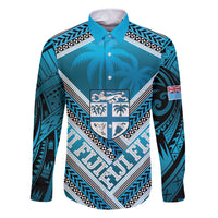 Custom Fiji Rugby Family Matching Off Shoulder Maxi Dress and Hawaiian Shirt Fijian Warrior With Polynesian Tribal Tattoos LT9 Dad's Shirt - Long Sleeve Blue - Polynesian Pride