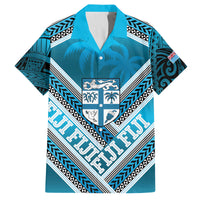 Custom Fiji Rugby Family Matching Off Shoulder Short Dress and Hawaiian Shirt Fijian Warrior With Polynesian Tribal Tattoos LT9 Dad's Shirt - Short Sleeve Blue - Polynesian Pride