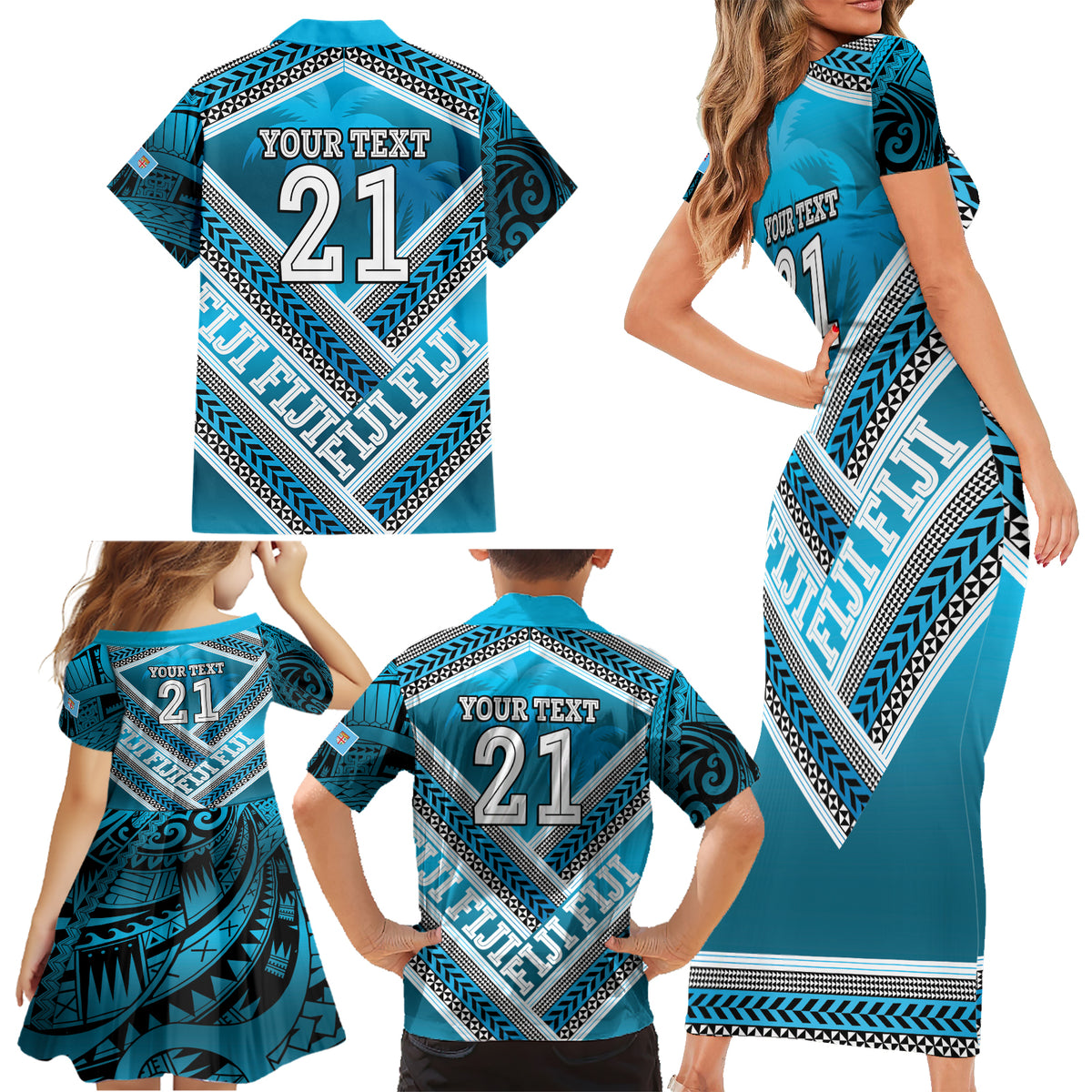 Custom Fiji Rugby Family Matching Short Sleeve Bodycon Dress and Hawaiian Shirt Fijian Warrior With Polynesian Tribal Tattoos LT9 - Polynesian Pride