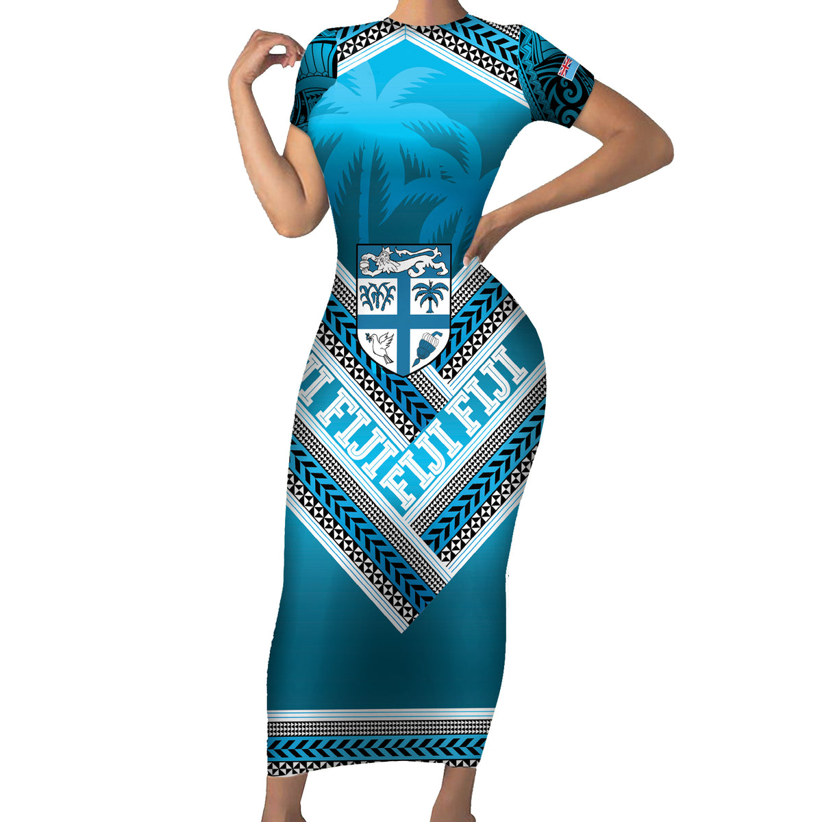 Custom Fiji Rugby Family Matching Short Sleeve Bodycon Dress and Hawaiian Shirt Fijian Warrior With Polynesian Tribal Tattoos LT9 Mom's Dress Blue - Polynesian Pride