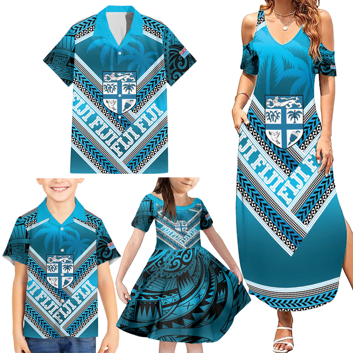 Custom Fiji Rugby Family Matching Summer Maxi Dress and Hawaiian Shirt Fijian Warrior With Polynesian Tribal Tattoos LT9 - Polynesian Pride