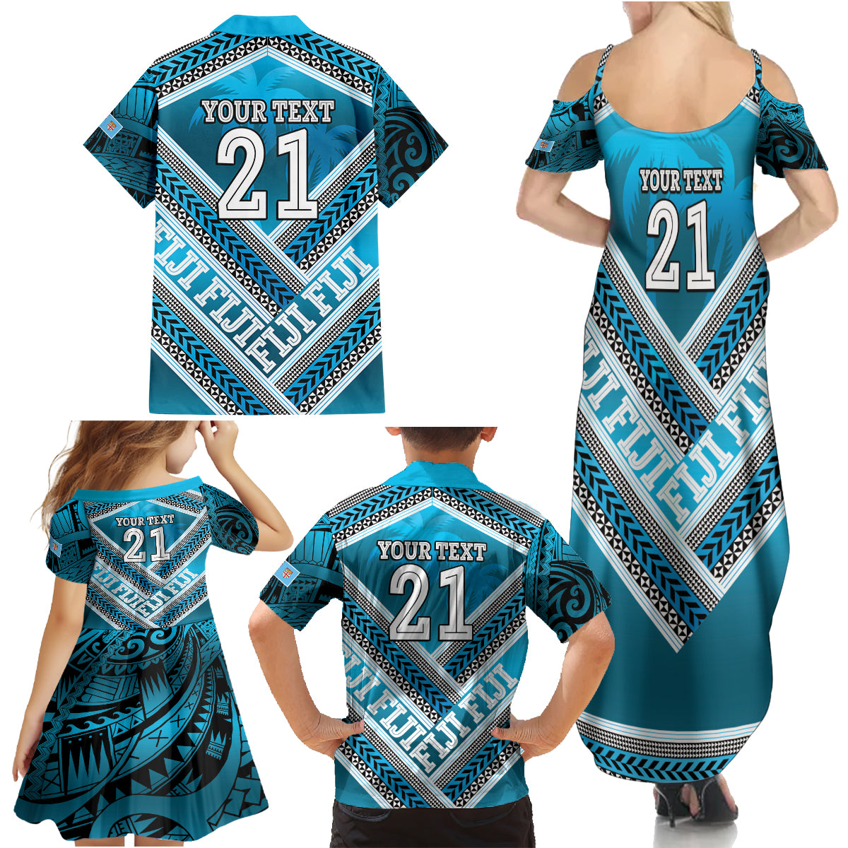 Custom Fiji Rugby Family Matching Summer Maxi Dress and Hawaiian Shirt Fijian Warrior With Polynesian Tribal Tattoos LT9 - Polynesian Pride