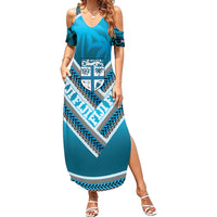 Custom Fiji Rugby Family Matching Summer Maxi Dress and Hawaiian Shirt Fijian Warrior With Polynesian Tribal Tattoos LT9 Mom's Dress Blue - Polynesian Pride