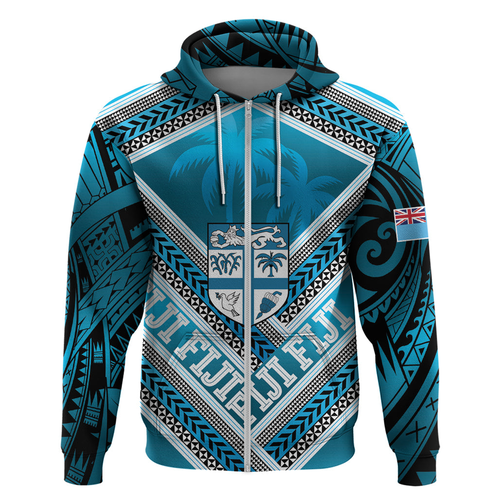 Custom Fiji Rugby Hoodie Fijian Warrior With Polynesian Tribal Tattoos LT9 Zip Hoodie Blue - Polynesian Pride