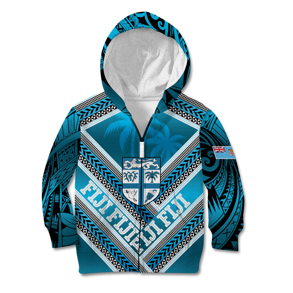 Custom Fiji Rugby Kid Hoodie Fijian Warrior With Polynesian Tribal Tattoos LT9 Zip Hoodie Blue - Polynesian Pride
