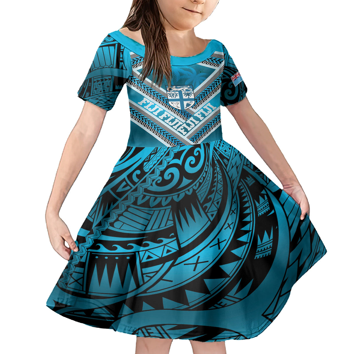 Custom Fiji Rugby Kid Short Sleeve Dress Fijian Warrior With Polynesian Tribal Tattoos LT9 KID Blue - Polynesian Pride