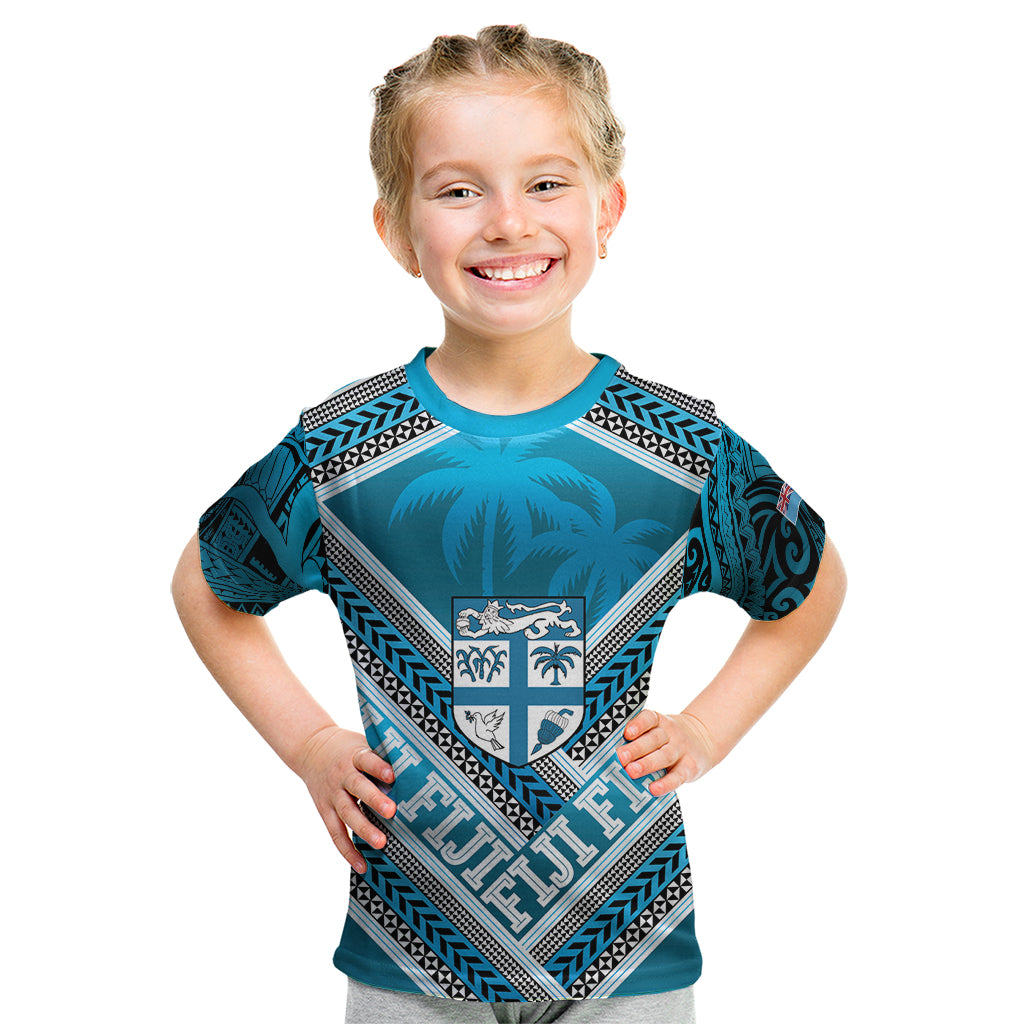 Custom Fiji Rugby Kid T Shirt Fijian Warrior With Polynesian Tribal Tattoos LT9 Blue - Polynesian Pride