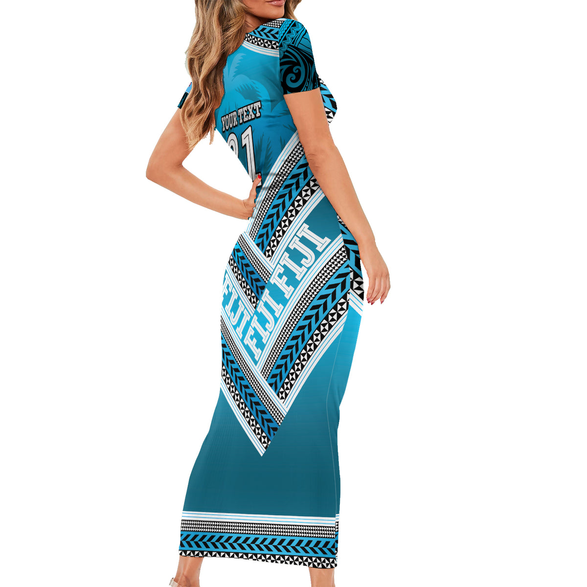 Custom Fiji Rugby Short Sleeve Bodycon Dress Fijian Warrior With Polynesian Tribal Tattoos LT9 - Polynesian Pride
