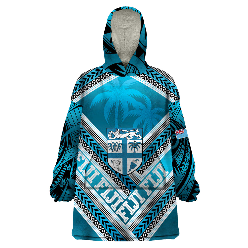 Custom Fiji Rugby Wearable Blanket Hoodie Fijian Warrior With Polynesian Tribal Tattoos LT9 One Size Blue - Polynesian Pride
