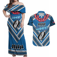 Custom Manuma Samoa Rugby Couples Matching Off Shoulder Maxi Dress and Hawaiian Shirt Ula fala Samoan Siva Tau Tribal LT9 Blue - Polynesian Pride