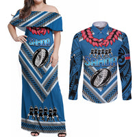 Custom Manuma Samoa Rugby Couples Matching Off Shoulder Maxi Dress and Long Sleeve Button Shirt Ula fala Samoan Siva Tau Tribal LT9 Blue - Polynesian Pride