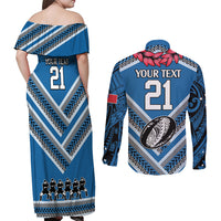 Custom Manuma Samoa Rugby Couples Matching Off Shoulder Maxi Dress and Long Sleeve Button Shirt Ula fala Samoan Siva Tau Tribal LT9 - Polynesian Pride