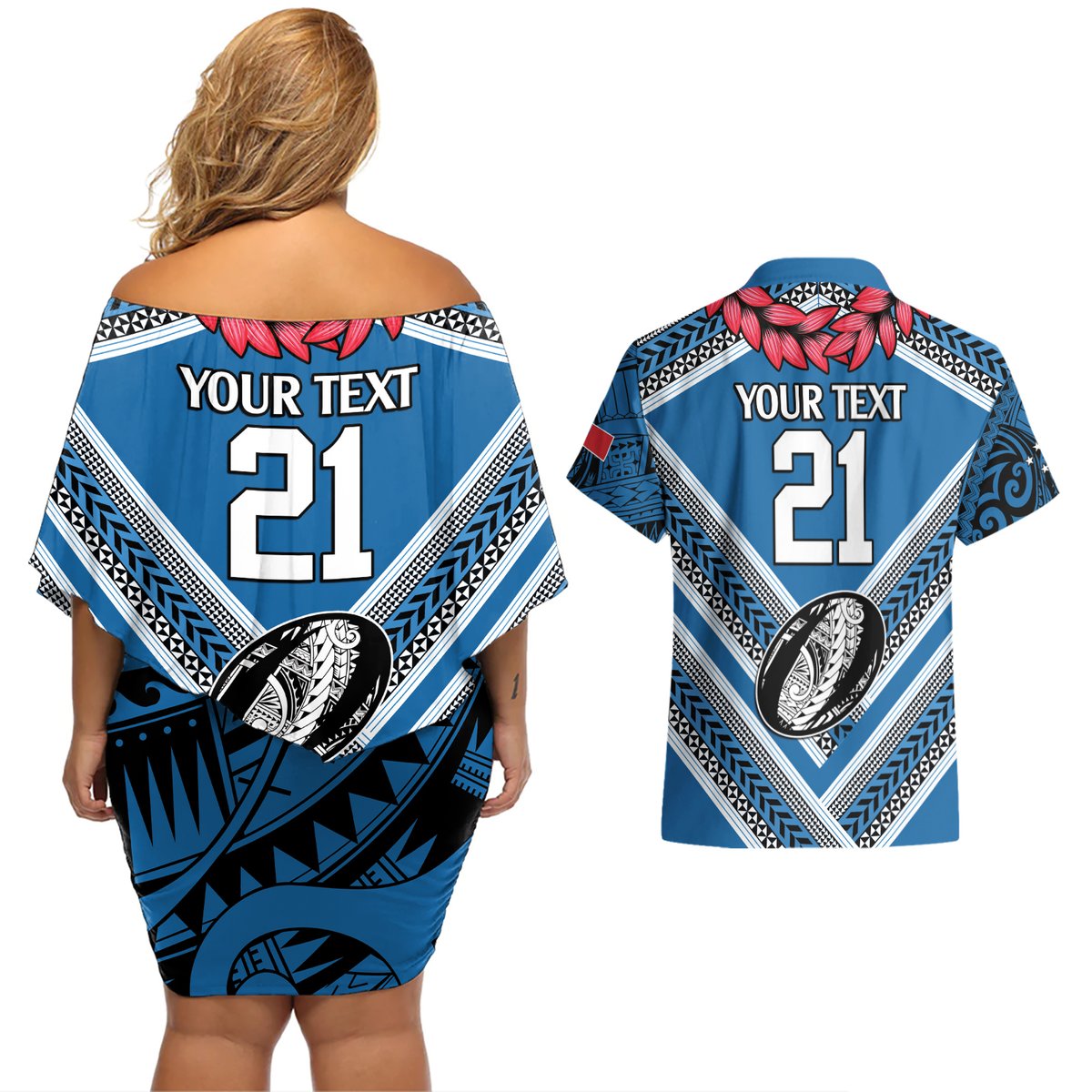 Custom Manuma Samoa Rugby Couples Matching Off Shoulder Short Dress and Hawaiian Shirt Ula fala Samoan Siva Tau Tribal LT9 - Polynesian Pride