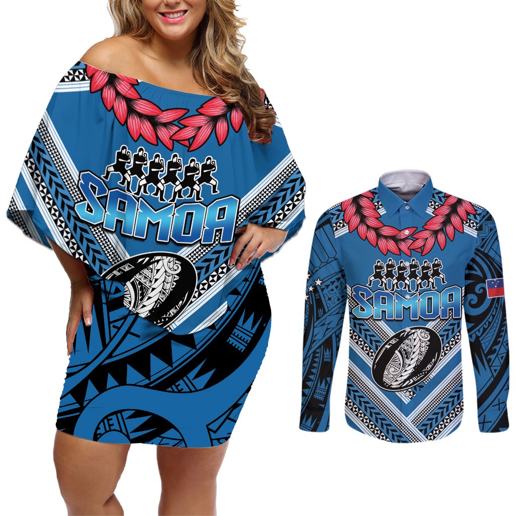 Custom Manuma Samoa Rugby Couples Matching Off Shoulder Short Dress and Long Sleeve Button Shirt Ula fala Samoan Siva Tau Tribal LT9 Blue - Polynesian Pride