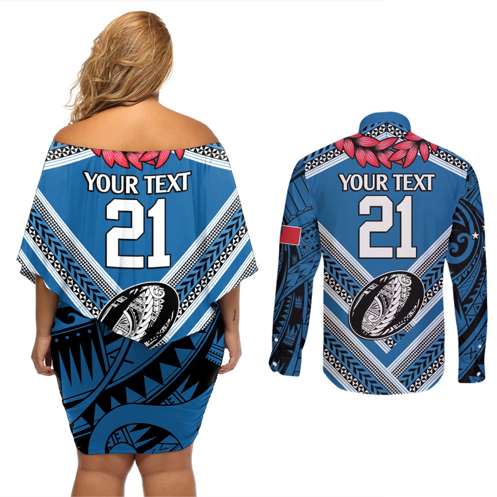 Custom Manuma Samoa Rugby Couples Matching Off Shoulder Short Dress and Long Sleeve Button Shirt Ula fala Samoan Siva Tau Tribal LT9 - Polynesian Pride
