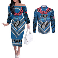 Custom Manuma Samoa Rugby Couples Matching Off The Shoulder Long Sleeve Dress and Long Sleeve Button Shirt Ula fala Samoan Siva Tau Tribal LT9 Blue - Polynesian Pride