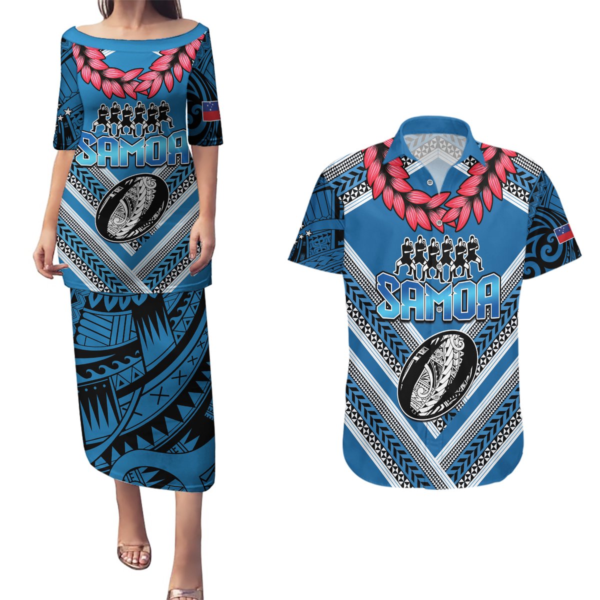 Custom Manuma Samoa Rugby Couples Matching Puletasi and Hawaiian Shirt Ula fala Samoan Siva Tau Tribal LT9 Blue - Polynesian Pride