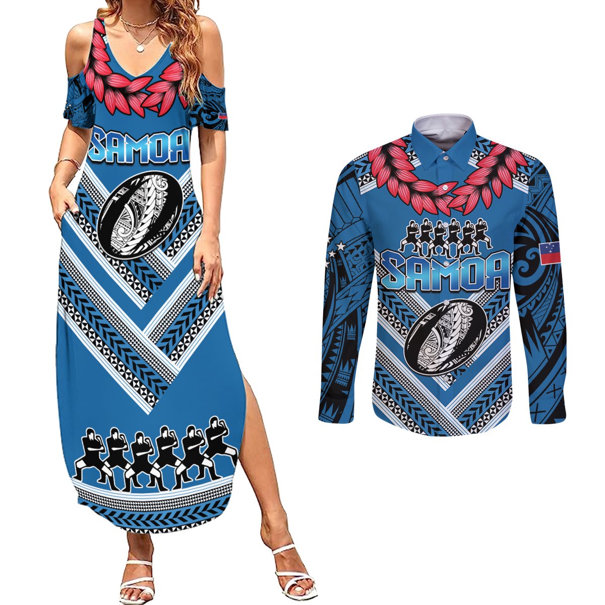 Custom Manuma Samoa Rugby Couples Matching Summer Maxi Dress and Long Sleeve Button Shirt Ula fala Samoan Siva Tau Tribal LT9 Blue - Polynesian Pride