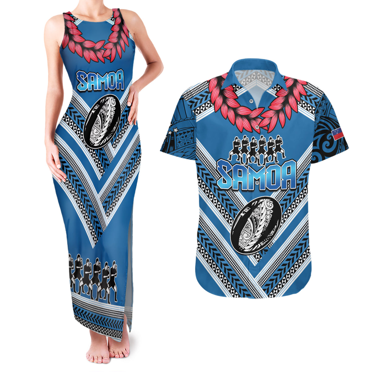 Custom Manuma Samoa Rugby Couples Matching Tank Maxi Dress and Hawaiian Shirt Ula fala Samoan Siva Tau Tribal LT9 Blue - Polynesian Pride