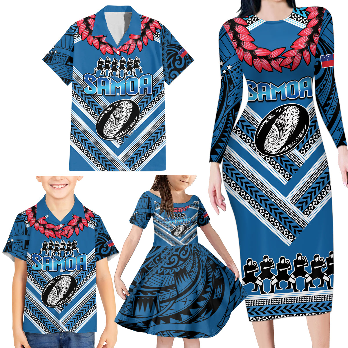 Custom Manuma Samoa Rugby Family Matching Long Sleeve Bodycon Dress and Hawaiian Shirt Ula fala Samoan Siva Tau Tribal LT9 - Polynesian Pride