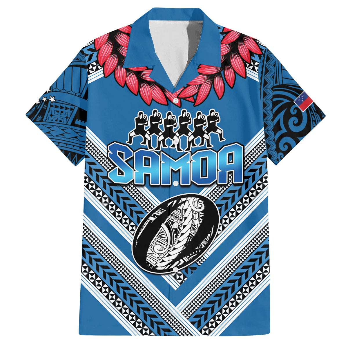 Custom Manuma Samoa Rugby Family Matching Long Sleeve Bodycon Dress and Hawaiian Shirt Ula fala Samoan Siva Tau Tribal LT9 Dad's Shirt - Short Sleeve Blue - Polynesian Pride