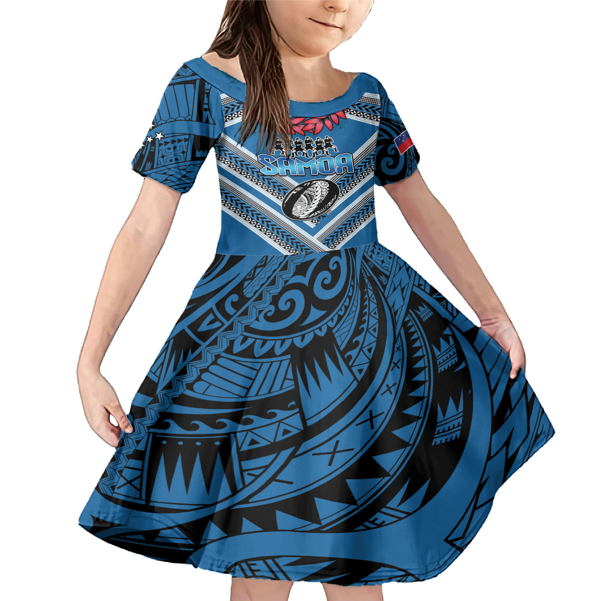 Custom Manuma Samoa Rugby Family Matching Mermaid Dress and Hawaiian Shirt Ula fala Samoan Siva Tau Tribal LT9 Daughter's Dress Blue - Polynesian Pride