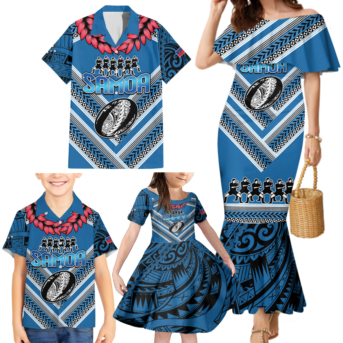 Custom Manuma Samoa Rugby Family Matching Mermaid Dress and Hawaiian Shirt Ula fala Samoan Siva Tau Tribal LT9 - Polynesian Pride