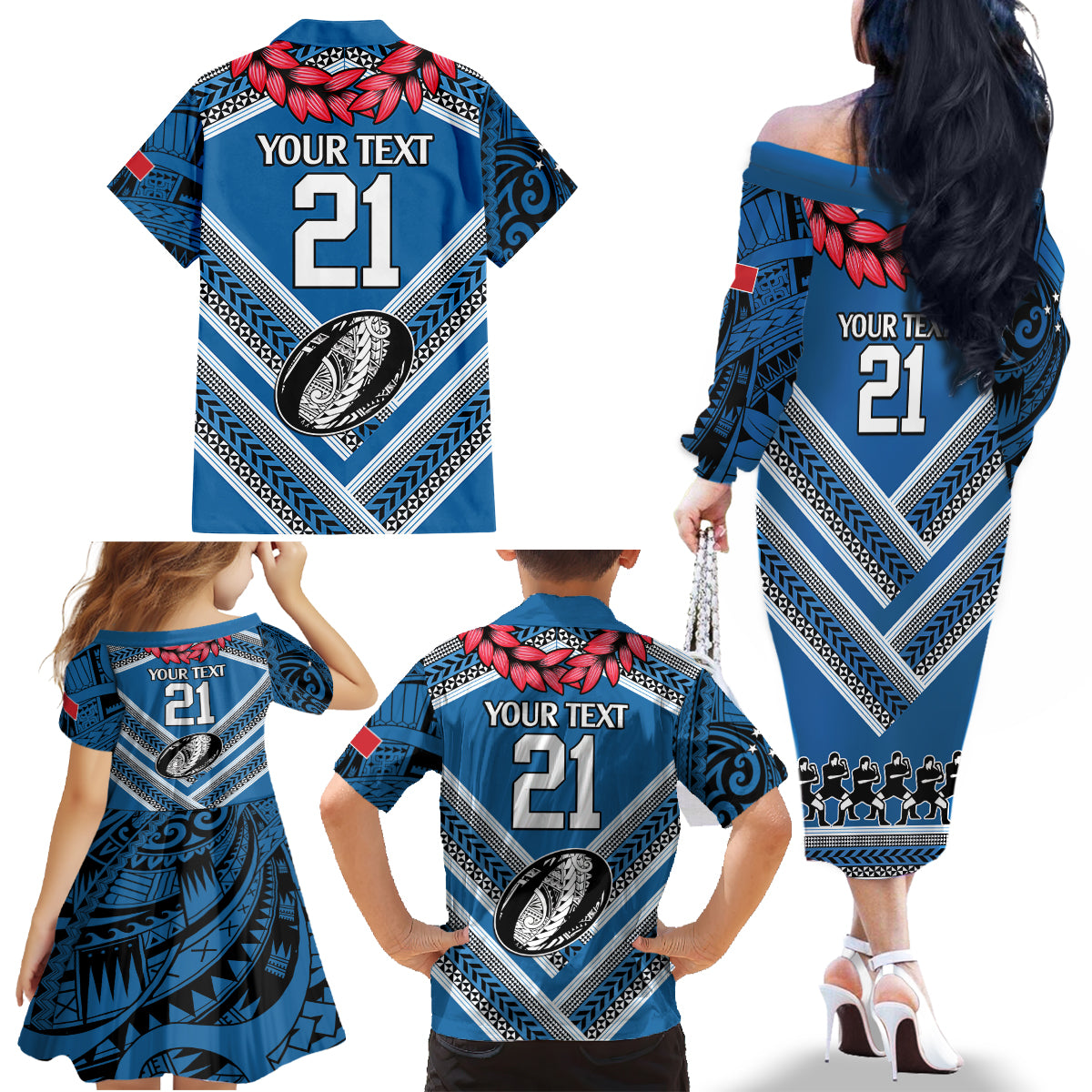 Custom Manuma Samoa Rugby Family Matching Off The Shoulder Long Sleeve Dress and Hawaiian Shirt Ula fala Samoan Siva Tau Tribal LT9 - Polynesian Pride