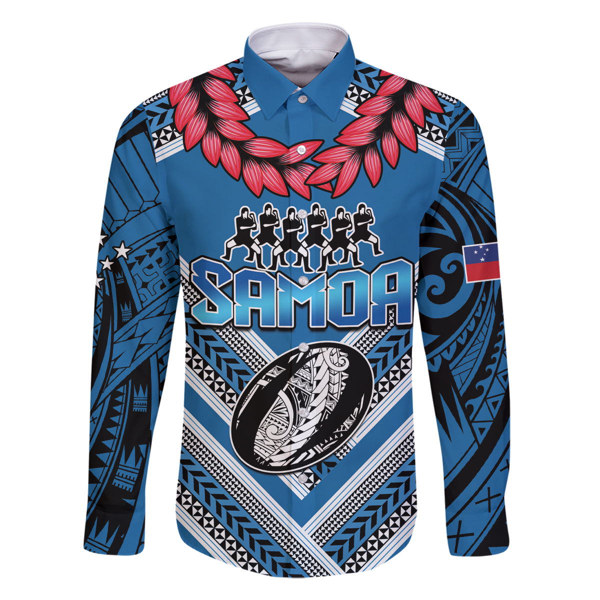 Custom Manuma Samoa Rugby Family Matching Off Shoulder Maxi Dress and Hawaiian Shirt Ula fala Samoan Siva Tau Tribal LT9 Dad's Shirt - Long Sleeve Blue - Polynesian Pride