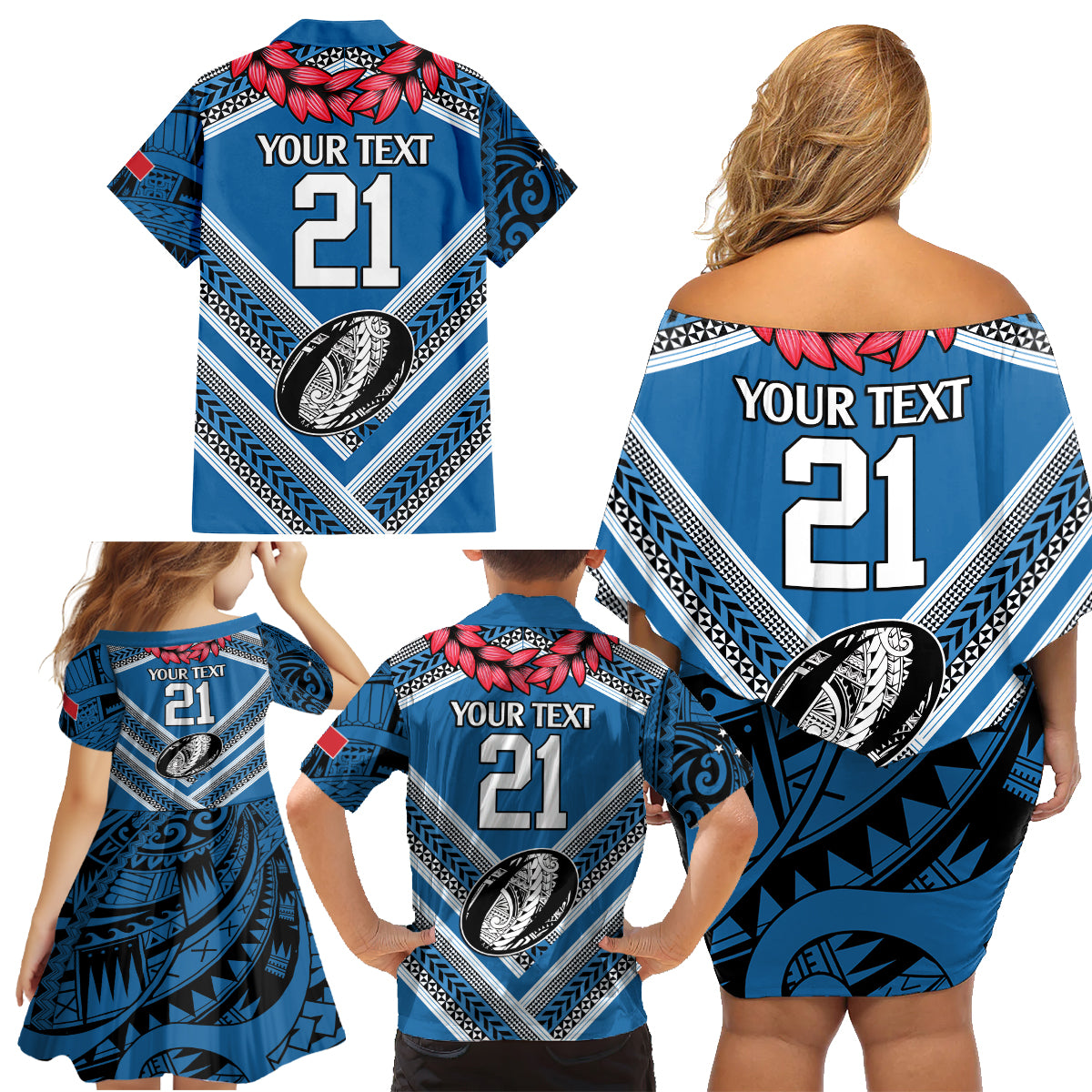 Custom Manuma Samoa Rugby Family Matching Off Shoulder Short Dress and Hawaiian Shirt Ula fala Samoan Siva Tau Tribal LT9 - Polynesian Pride