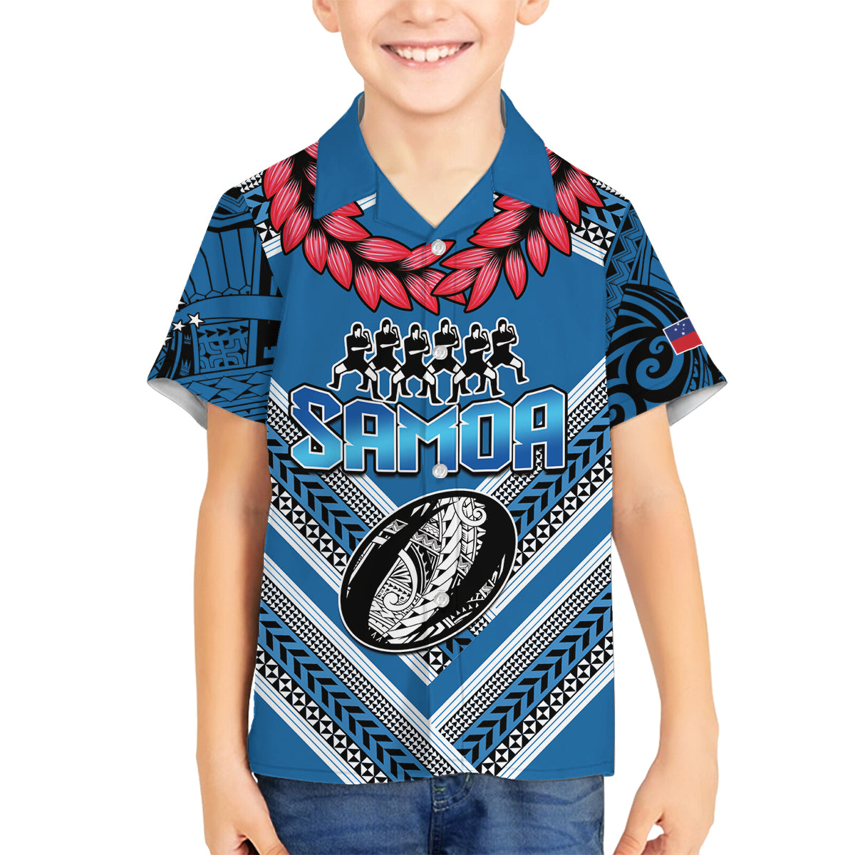 Custom Manuma Samoa Rugby Family Matching Off Shoulder Short Dress and Hawaiian Shirt Ula fala Samoan Siva Tau Tribal LT9 Son's Shirt Blue - Polynesian Pride