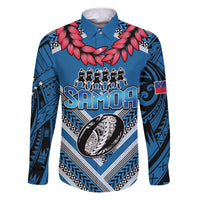 Custom Manuma Samoa Rugby Family Matching Puletasi and Hawaiian Shirt Ula fala Samoan Siva Tau Tribal LT9 Dad's Shirt - Long Sleeve Blue - Polynesian Pride