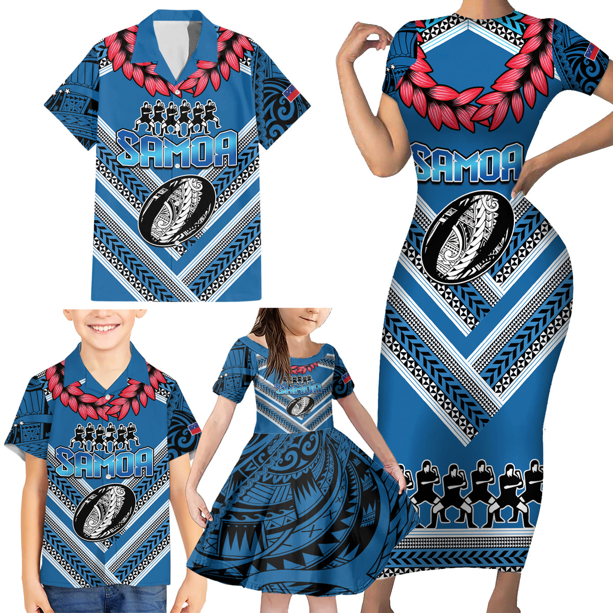 Custom Manuma Samoa Rugby Family Matching Short Sleeve Bodycon Dress and Hawaiian Shirt Ula fala Samoan Siva Tau Tribal LT9 - Polynesian Pride