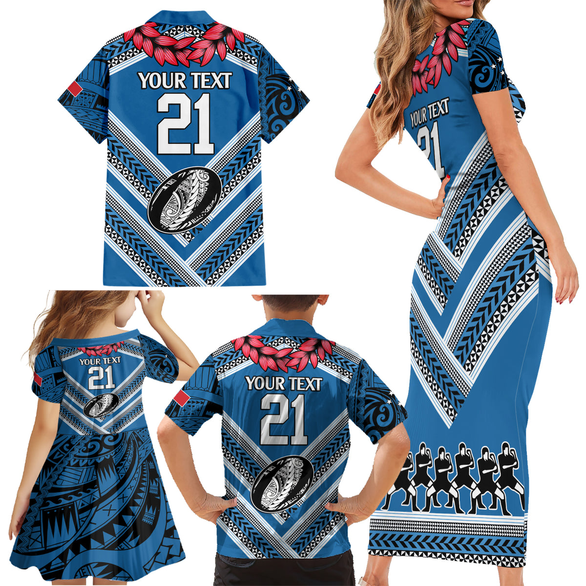 Custom Manuma Samoa Rugby Family Matching Short Sleeve Bodycon Dress and Hawaiian Shirt Ula fala Samoan Siva Tau Tribal LT9 - Polynesian Pride