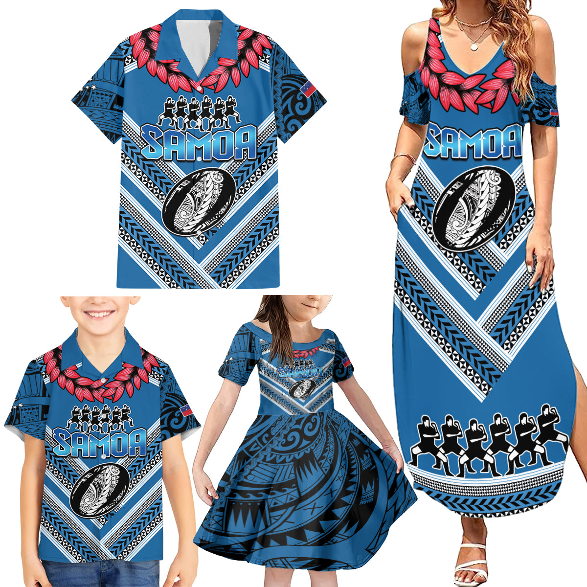Custom Manuma Samoa Rugby Family Matching Summer Maxi Dress and Hawaiian Shirt Ula fala Samoan Siva Tau Tribal LT9 - Polynesian Pride