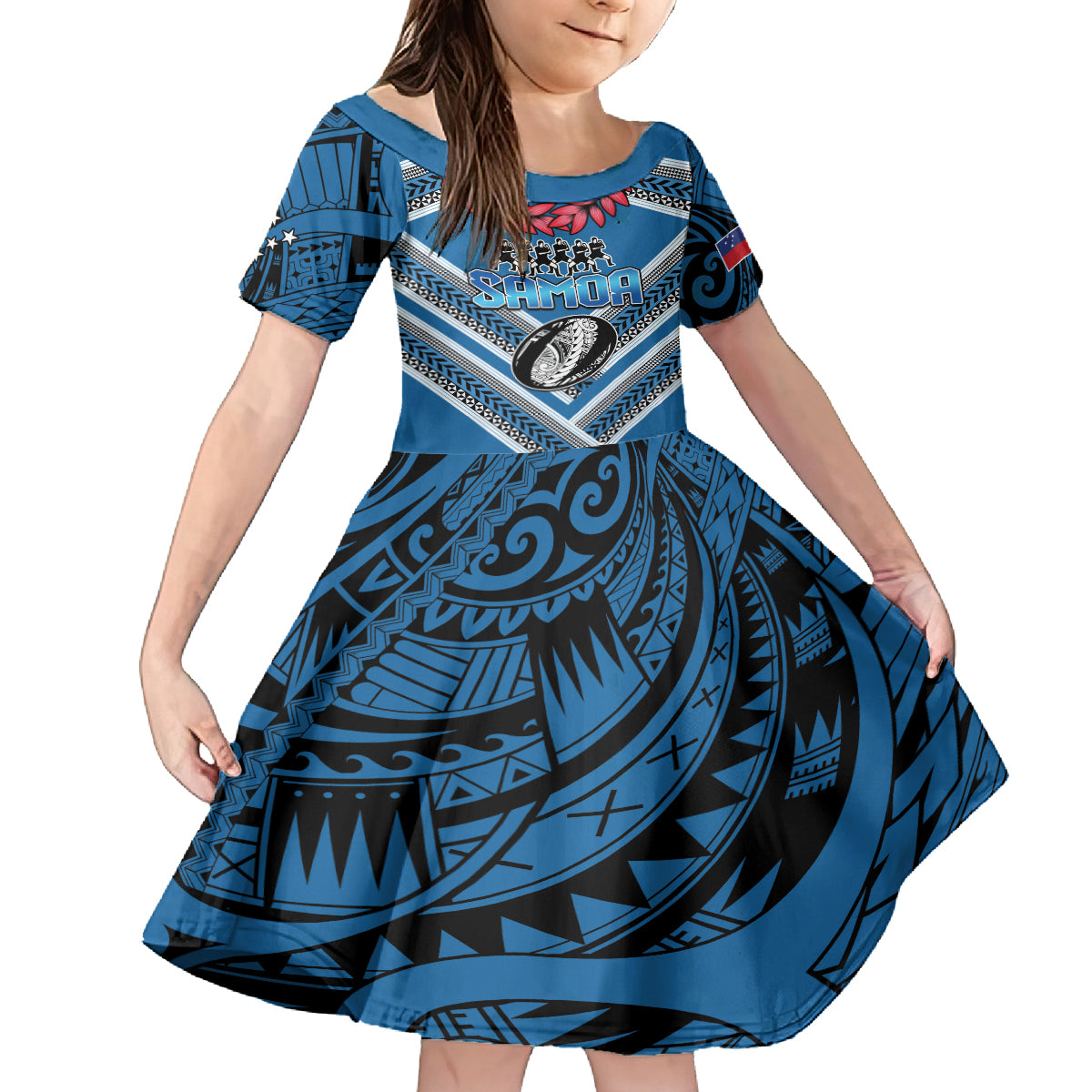 Custom Manuma Samoa Rugby Family Matching Tank Maxi Dress and Hawaiian Shirt Ula fala Samoan Siva Tau Tribal LT9 Daughter's Dress Blue - Polynesian Pride