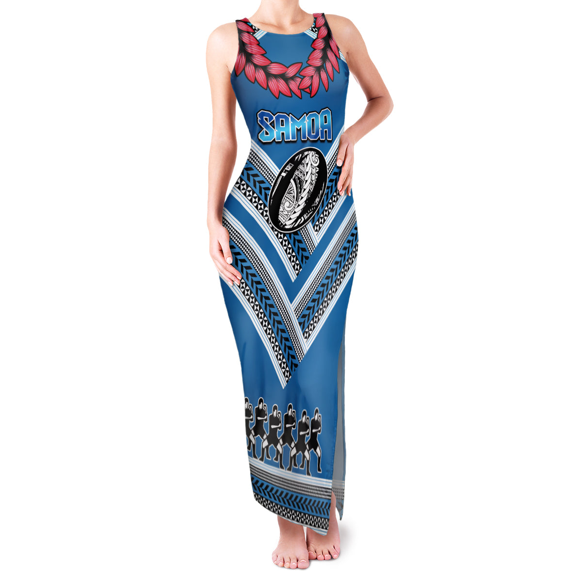 Custom Manuma Samoa Rugby Family Matching Tank Maxi Dress and Hawaiian Shirt Ula fala Samoan Siva Tau Tribal LT9 Mom's Dress Blue - Polynesian Pride