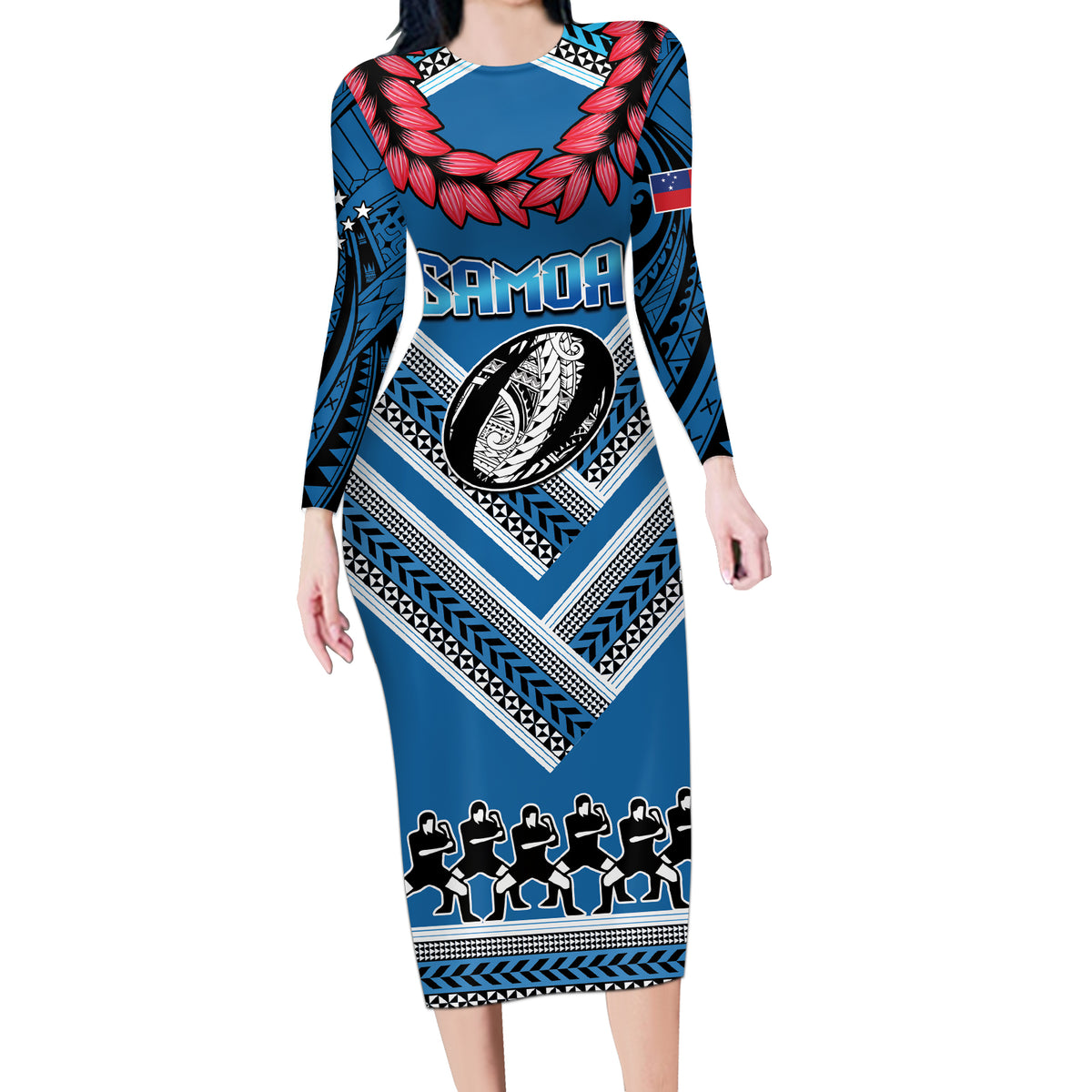 Custom Manuma Samoa Rugby Long Sleeve Bodycon Dress Ula fala Samoan Siva Tau Tribal LT9 Long Dress Blue - Polynesian Pride