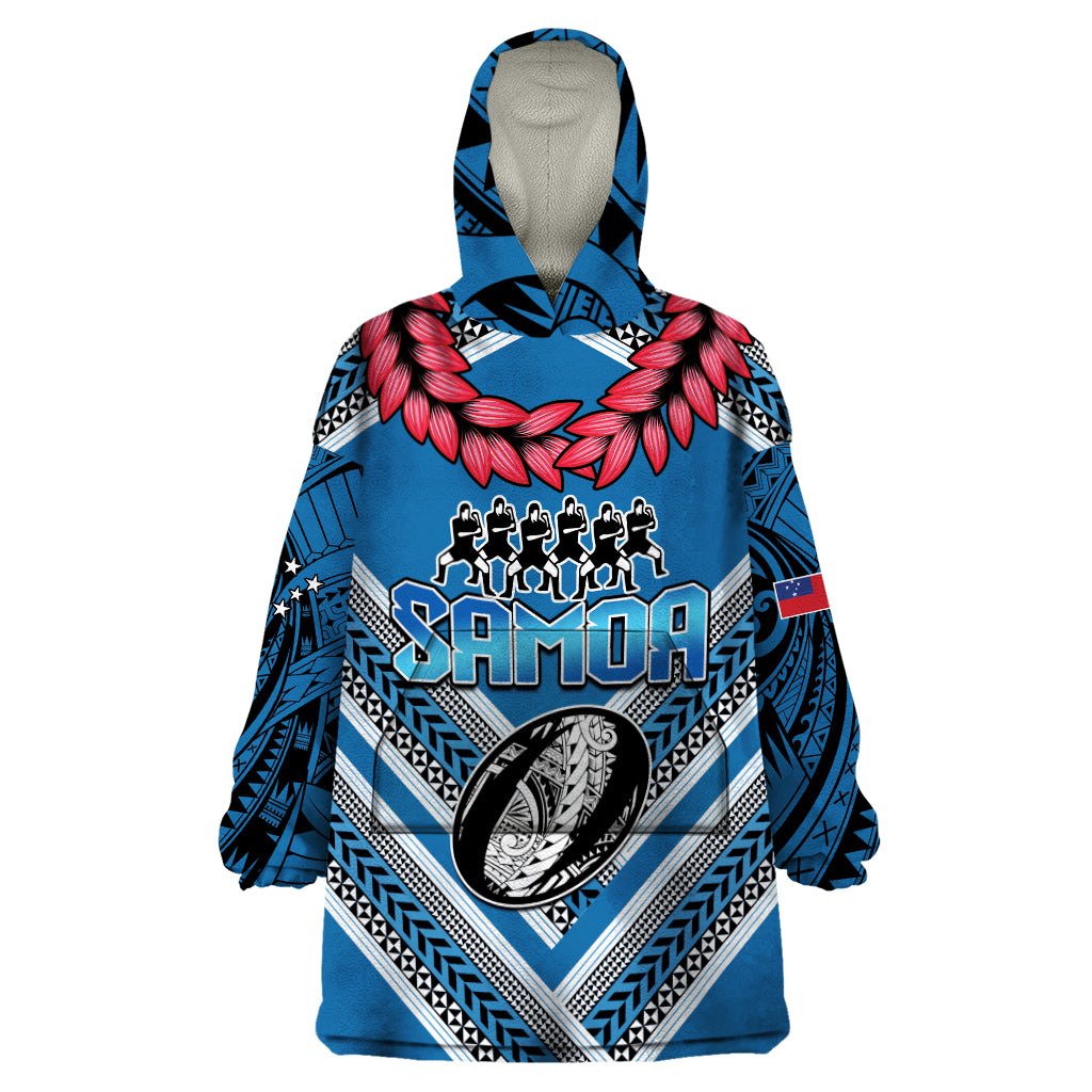 Custom Manuma Samoa Rugby Wearable Blanket Hoodie Ula fala Samoan Siva Tau Tribal LT9 One Size Blue - Polynesian Pride