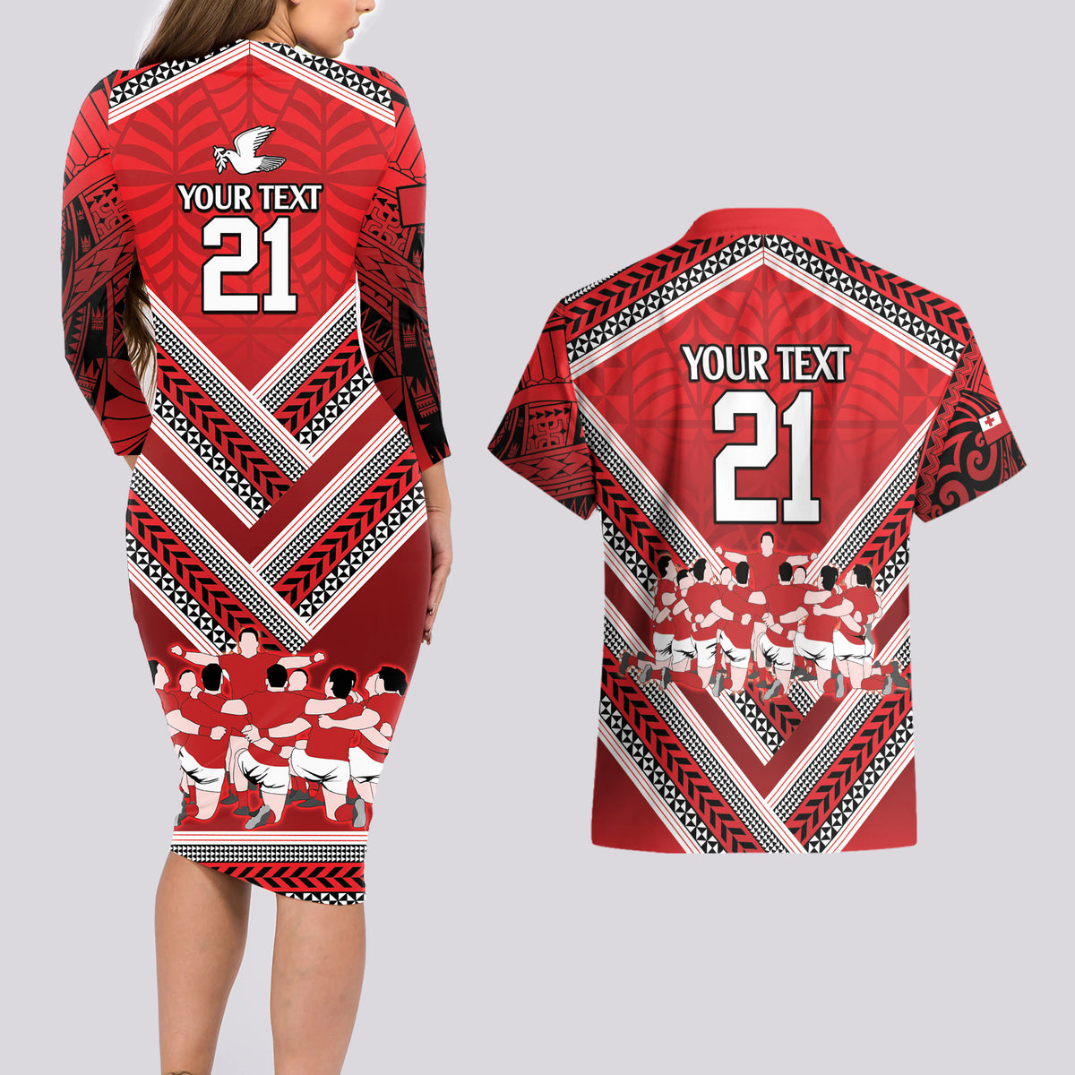 Custom Tonga Rugby Couples Matching Long Sleeve Bodycon Dress and Hawaiian Shirt Tonga Sipi Tau Ngatu Tribal Pattern LT9 - Polynesian Pride