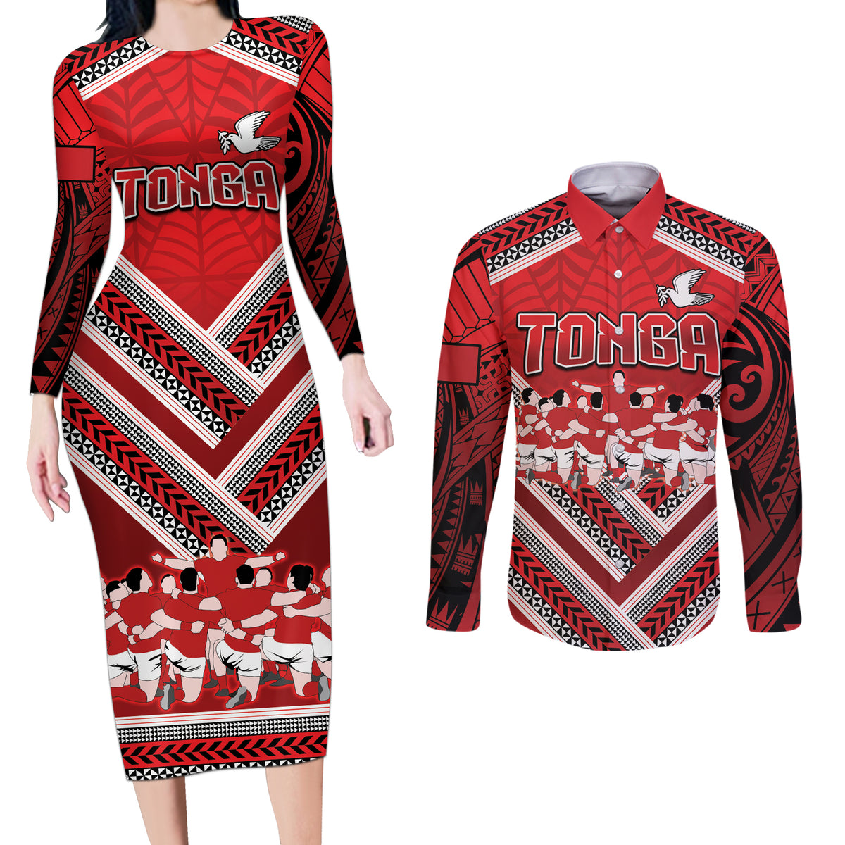 Custom Tonga Rugby Couples Matching Long Sleeve Bodycon Dress and Long Sleeve Button Shirt Tonga Sipi Tau Ngatu Tribal Pattern LT9 Red - Polynesian Pride